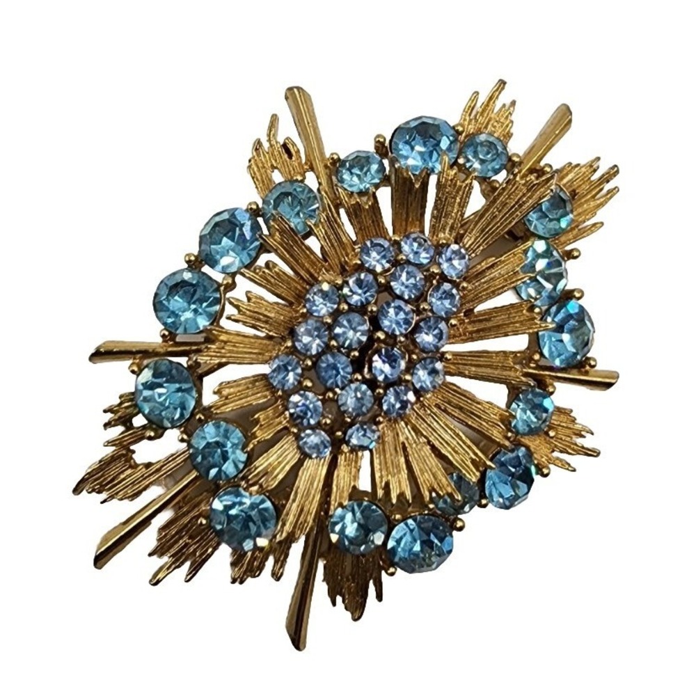 Vintage Lisner Starburst Blue Rhinestone Brooch Brushed Gold Tone Retro Brooch